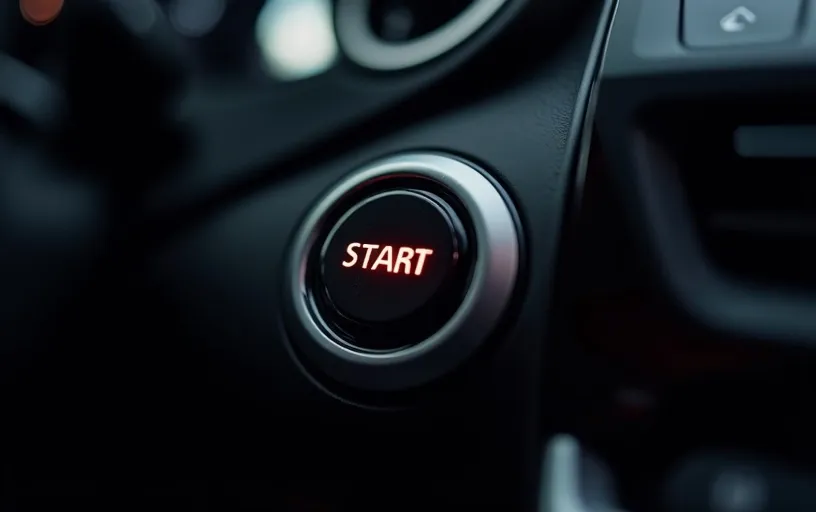 Push-to-start ignition button on modern car dashboard for smart key programming service
